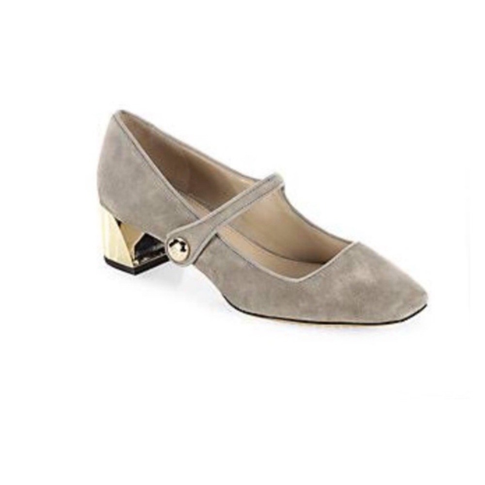 Tory Burch Marisa 40mm Mary Jane Pump in Grey Suede Strap Gold Accent Sz-7 298$